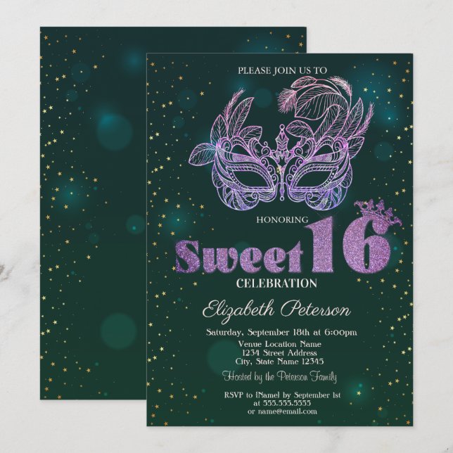 Glitter Violet Masque Grönt Sweet 16 Inbjudningar (Fram/baksida)
