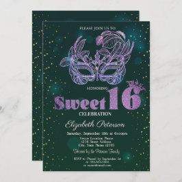 Glitter Violet Masque Grönt Sweet 16 Inbjudningar