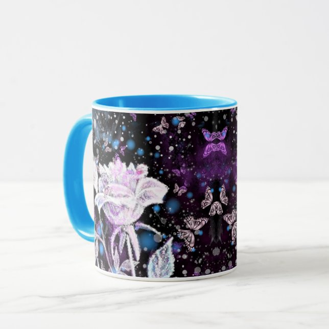 Glitter Vit ros och Butterflies-kaffe Mugg (Framsida vänster)