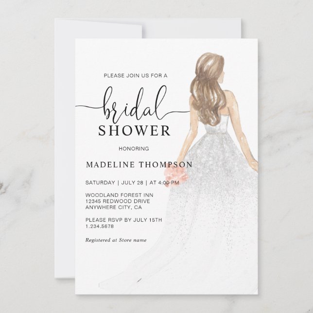 Glitter Watercolor Dusty Rosa Bride Möhippa Inbjudningar (Framsida)