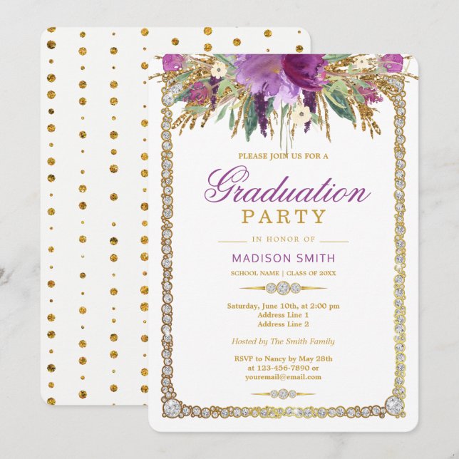 Glitter Watercolor Flowers Bling Grad Party Inbjudningar (Fram/baksida)