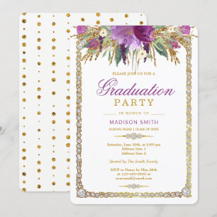 Glitter Watercolor Flowers Bling Grad Party Inbjudningar
