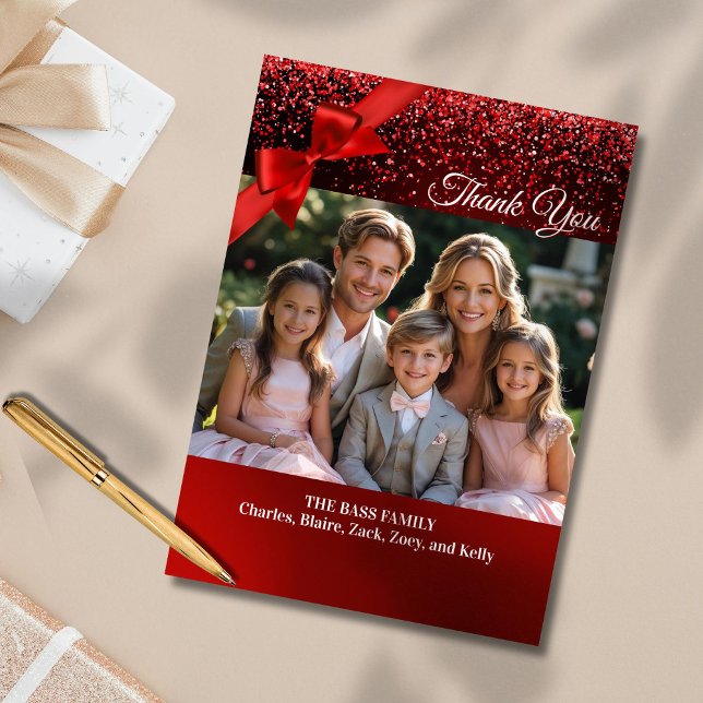 Glitter Wonderland Photo jul - tackkort Tack Kort (Show your gratitude in an elegant way with a custom thank you card in red glitter background design)