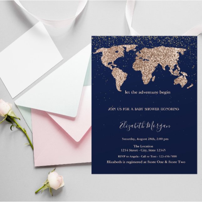 Glitter World Map Confetti Navy Blue Baby Shower Inbjudningar (Skapare uppladdad)