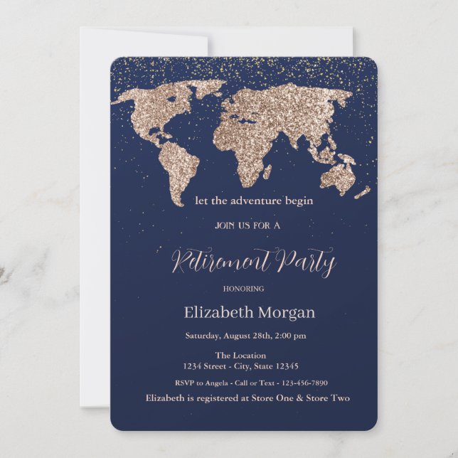 Glitter World Map Confetti Navy Blue Pension Inbjudningar (Framsida)