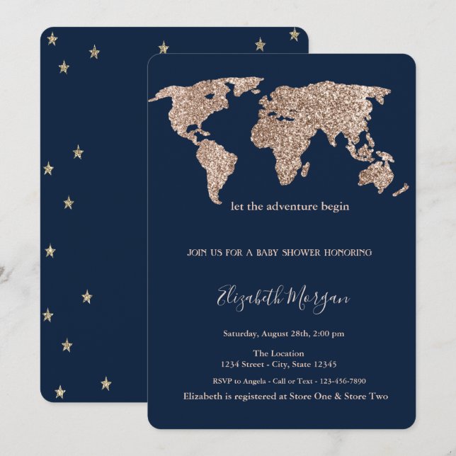 Glitter World Map Stars Baby Shower Inbjudningar (Fram/baksida)