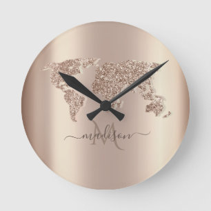 Glitter World Map Travel Monogram Rund Klocka