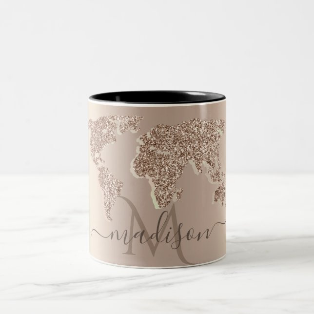 Glitter World Map Travel Monogram Två-Tonad Mugg (Center)