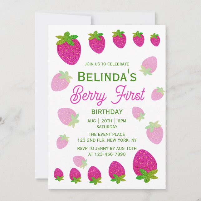 Glitter Y2K Jordgubb Berry Första 1:a Födelsedag Inbjudningar (Framsida)