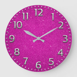 Glitterarabiskan numrerar metall gråa Fuchsia Stor Klocka