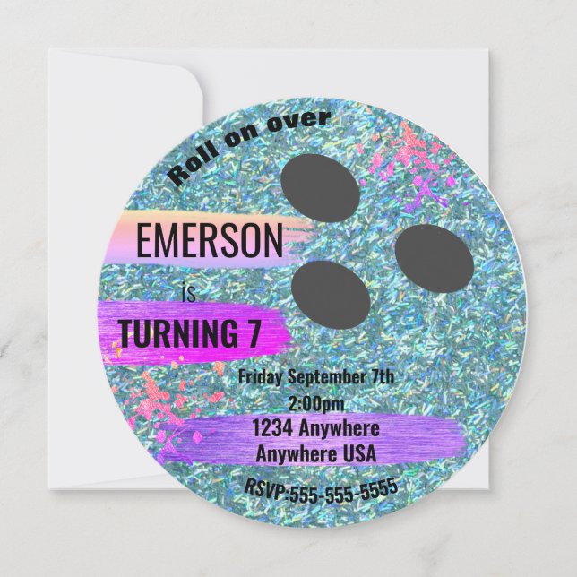 GlitterBOWLINGKLOT, bowling, glödfödelsedagsfest Inbjudningar (Framsida)