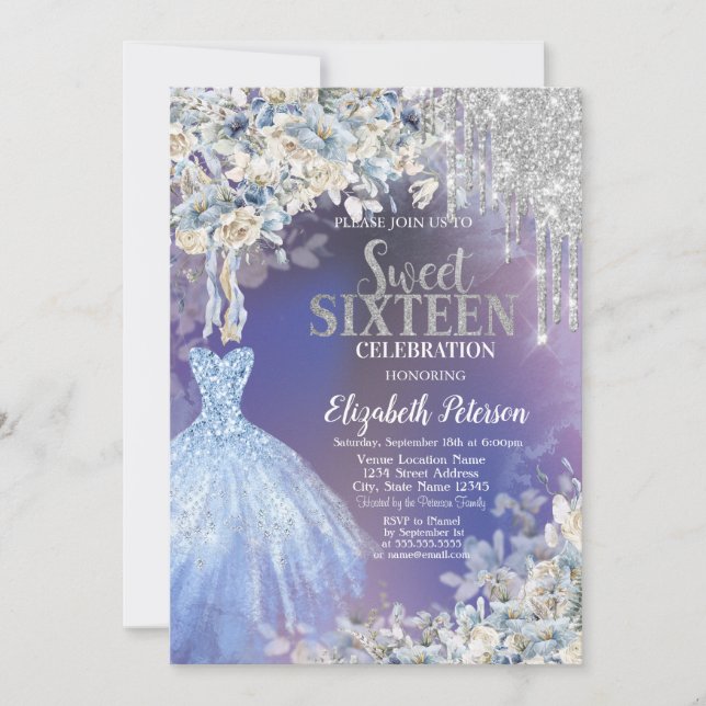 Glitterdropar, Blå klänning blommor Violett Sweet  Inbjudningar (Framsida)