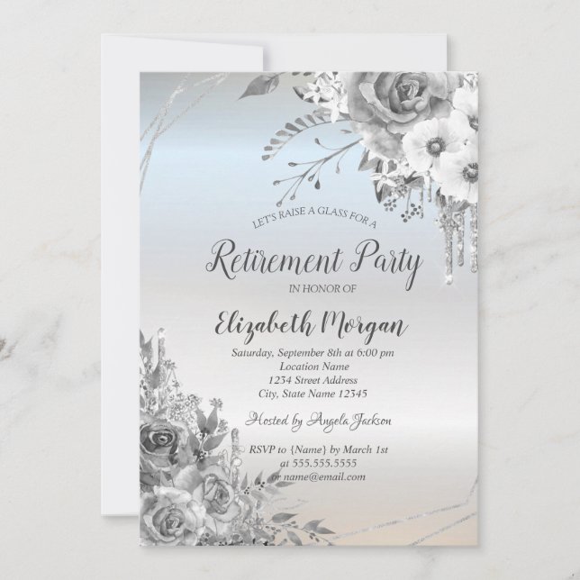 Glitterdropar,Blommor,Silver Pension Inbjudningar (Framsida)