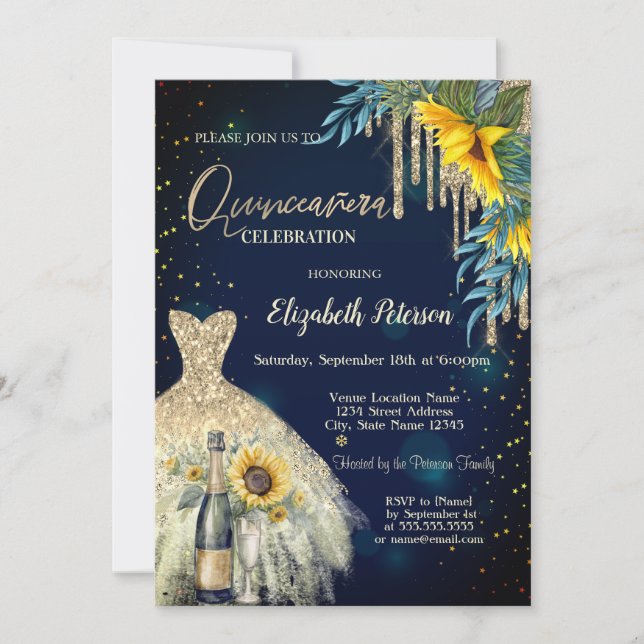 Glitterdropar, Klänning, Solroser Blå Quinceanera Inbjudningar (Framsida)
