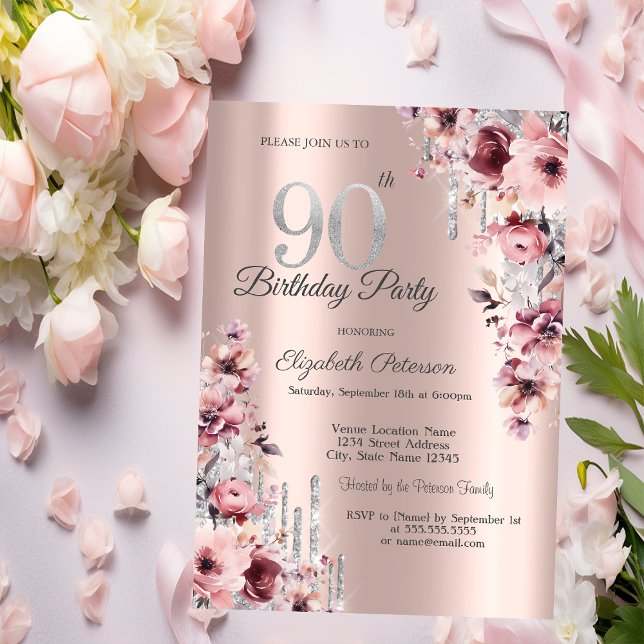 Glitterdropar Rosa Guld Rosa Blommig 90-årsdag Inbjudningar (Skapare uppladdad)