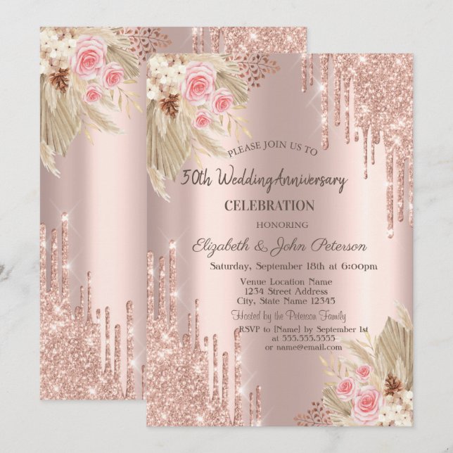 Glitterdropp, Blomma Rosa Guld Bröllopsjubileum Inbjudningar (Fram/baksida)