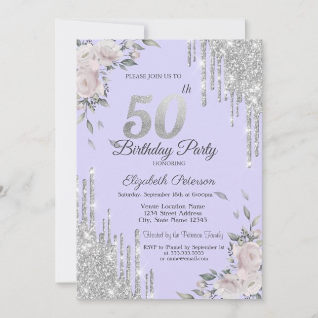Glitterdropp, Blommor Lavendel 50-årsdag Inbjudningar (Framsida)
