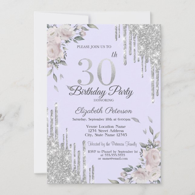 Glitterdropp, Blommor Lila 30-årsdag Inbjudningar (Framsida)