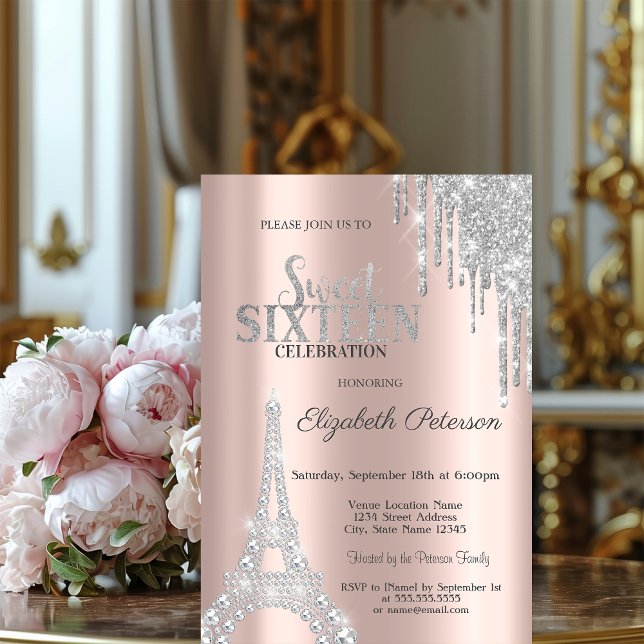 Glitterdropp, Diamanter Eiffeltornet Sweet 16  Inbjudningar (Skapare uppladdad)