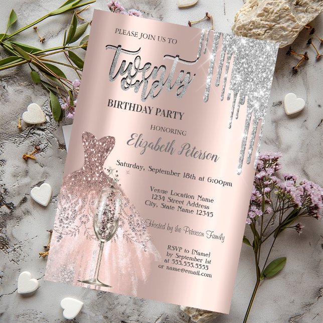 Glitterdropp, Dräktvin Glas 21-årsdag Inbjudningar (Skapare uppladdad)