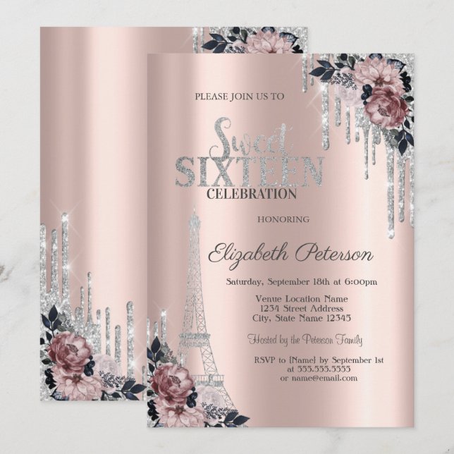 Glitterdropp, Eiffeltornet Blommor Sweet 16 I Inbjudningar (Fram/baksida)