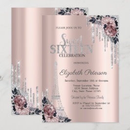 Glitterdropp, Eiffeltornet Blommor Sweet 16 I Inbjudningar
