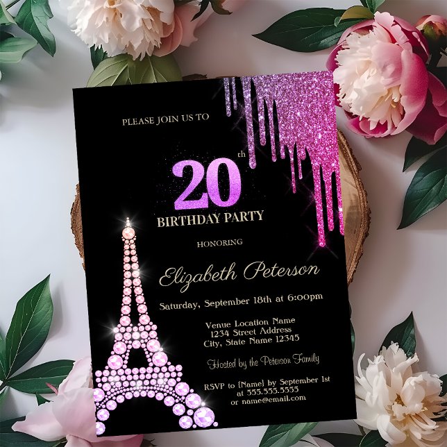Glitterdropp, Eiffeltornet Diamanter 20-årsdag Inbjudningar (Skapare uppladdad)