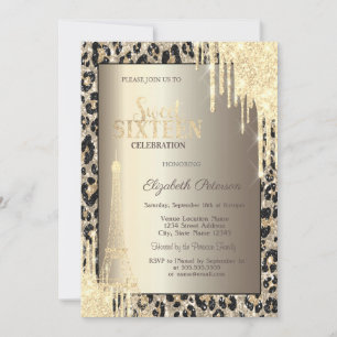 Glitterdropp, Eiffeltornet Leopardtryck Sweet 16 Inbjudningar