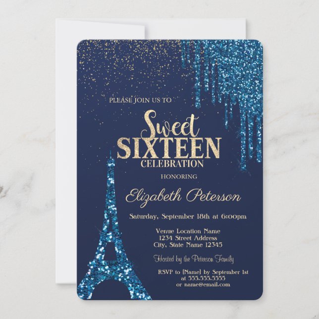 Glitterdropp, Eiffeltornet Navyblå Sweet 16 Inbjudningar (Framsida)