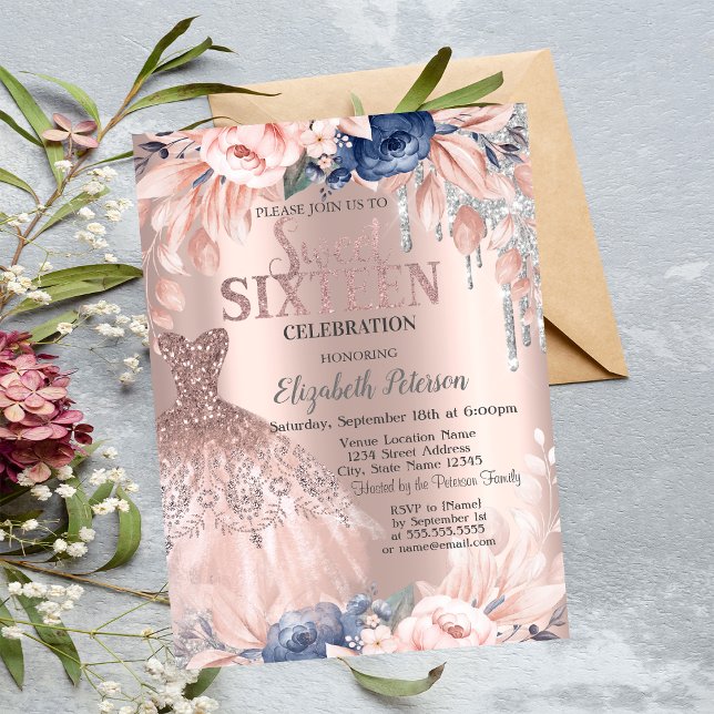 Glitterdropp, klänning, blommor Rose Gold Sweet 16 Inbjudningar (Skapare uppladdad)
