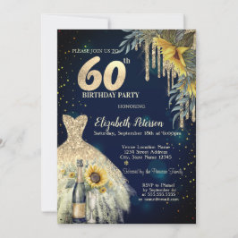 Glitterdropp, klänning, solrosor blå 60-årsdag inbjudningar