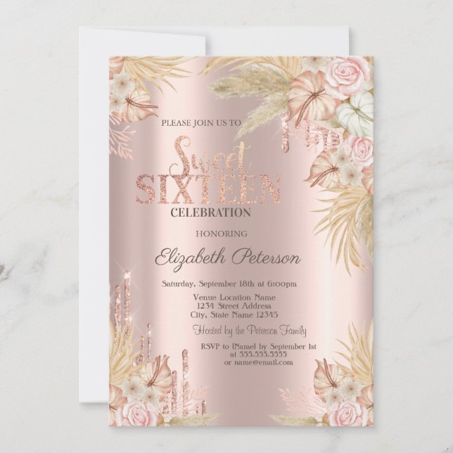 Glitterdropp, Pampasgräsblommor  Sweet 16 Inbjudningar (Framsida)