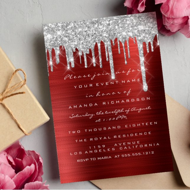 Glitterdropp Silver Röd Rubinfärgad Bröllop Sweet  Inbjudningar (Glitter Drips Silver Red Ruby Bridal Sweet 16th Invitation)