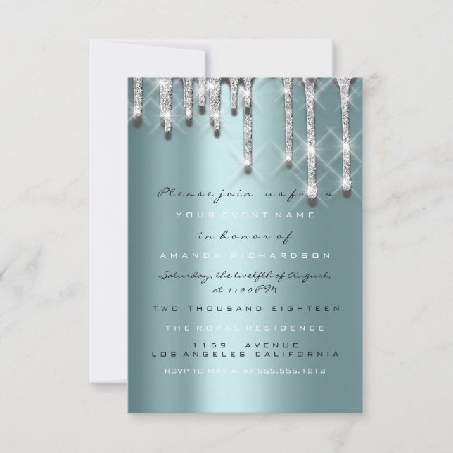 Glitterdropp Silver Teal Bröllop Sweet 16 3d Inbjudningar (Framsida)