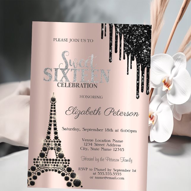 Glitterdropp, Svart Eiffeltorn Sweet 16 Inbjudningar (Skapare uppladdad)