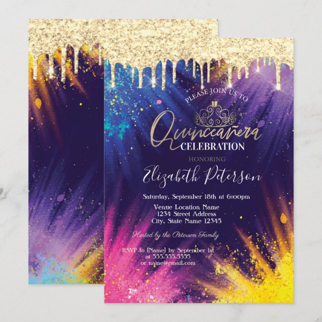 Glitterdropp vattenfärg stänk Quinceañera Inbjudningar (Fram/baksida)