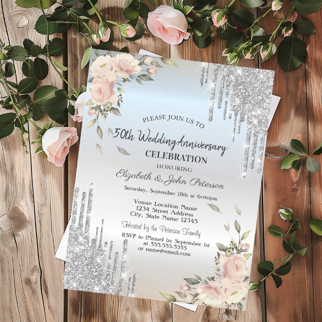Glitterdroppar, blommor Silver Bröllopsjubileum Inbjudningar (Skapare uppladdad)