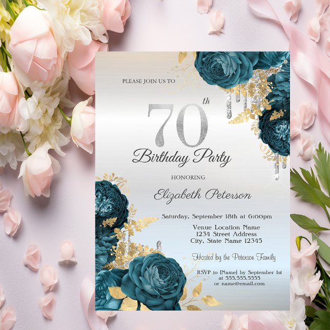 Glitterdroppar Gröna Blommor Silver 70-årsdag  Inbjudningar (Skapare uppladdad)