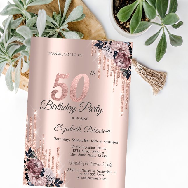Glitterdroppar Rosa Guld Blommor 50-årsdag Inbjudningar (Skapare uppladdad)