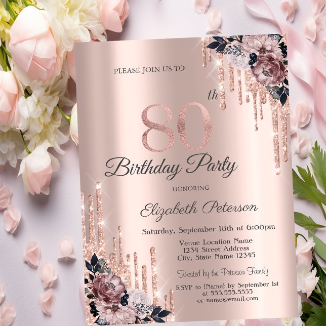 Glitterdroppar Rosa Guld Blommor 80-årsdag Inbjudningar (Skapare uppladdad)