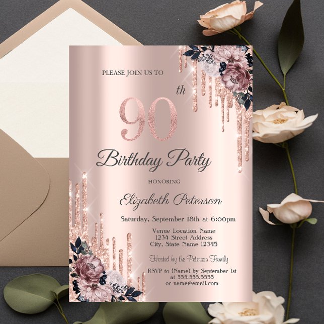 Glitterdroppar Rosa Guld Blommor 90-årsdag Inbjudningar (Skapare uppladdad)