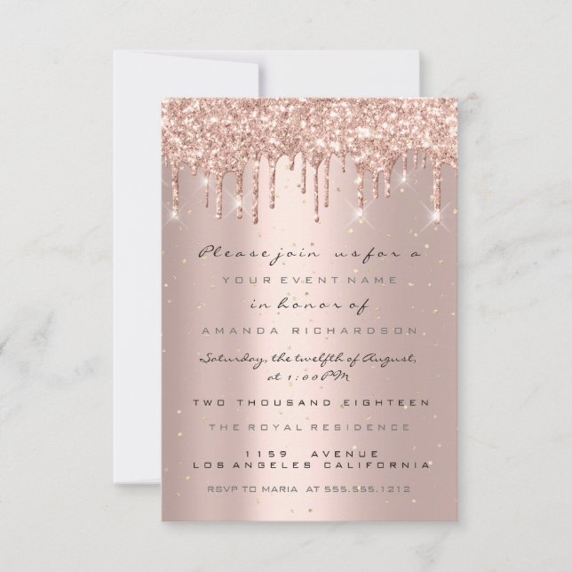 Glitterdroppar Rosa Konfetti Bröllop Sweet 16 Inbjudningar (Framsida)
