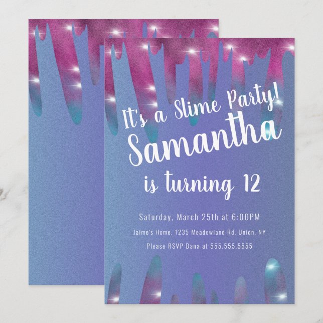 Glitterdroppar Slimparty Födelsedag Glitter Blå Inbjudningar (Fram/baksida)