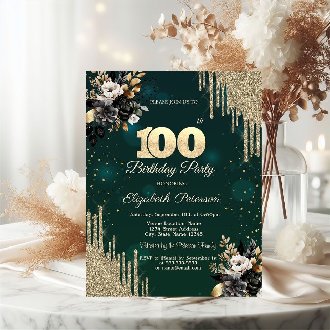 Glitterdroppar Svarta Rosor Gröna 100-årsdag Inbjudningar (Skapare uppladdad)