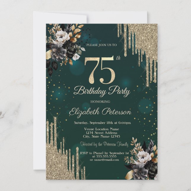 Glitterdroppar Svarta Rosor Gröna 75-årsdag Inbjudningar (Framsida)