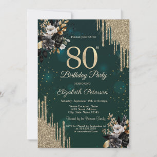 Glitterdroppar Svarta Rosor Gröna 80-årsdag Inbjudningar