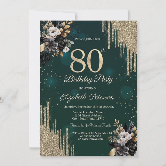 Glitterdroppar Svarta Rosor Gröna 80-årsdag Inbjudningar (Framsida)