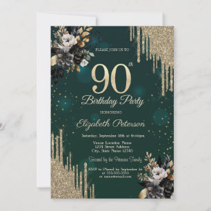 Glitterdroppar Svarta Rosor Gröna 90-årsdag Inbjudningar