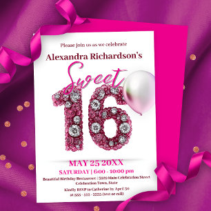 Glittering Gemstones och Rosa Ballon Sweet 16 Inbjudningar