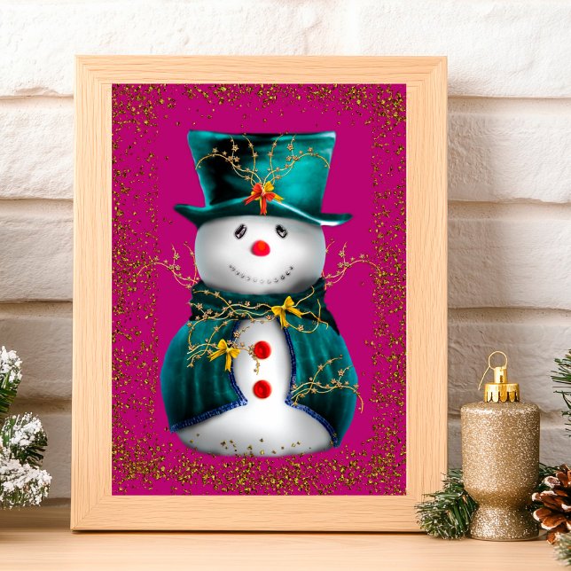 Glittering Green Velvet Snowman Pink Christmas Kort (Glittering Green Velvet Snowman Pink Christmas Card by the Olde Christmas Shoppe)